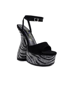 London Rag Women Black & Silver-Toned Embellished Suede Party Kitten Heels
