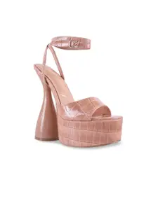 London Rag Pink Textured PU Party Block Peep Toes with Buckles