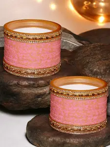 LUCKY JEWELLERY Gold-Toned & Pink & CZ & Kundan Studded Chura Bangle Set
