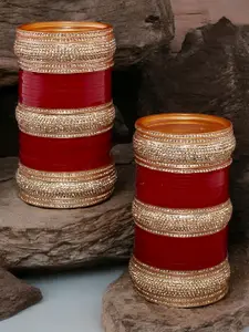 LUCKY JEWELLERY Women Maroon & Set of 2 Gold-Plated Stone Studded Punjabi Designer Chuda
