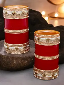 LUCKY JEWELLERY Maroon & Gold-Toned Kundan Studded Bridal Chura Bangle Set