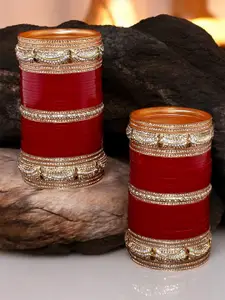 LUCKY JEWELLERY Maroon Red & White CZ Studded Bangles Set