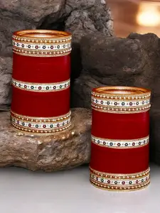 LUCKY JEWELLERY Maroon & White Bridal Wedding Punjabi Chuda CZ Studded Bangles Set