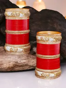 LUCKY JEWELLERY Red & Gold-Toned AD Studded Bridal Wedding Punjabi Chuda Bangle Set