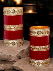 LUCKY JEWELLERY Gold-Toned & Maroon CZ & Kundan Studded Chura Bangle Set