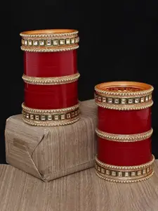LUCKY JEWELLERY Maroon Red & White CZ Studded Bangles Set