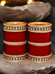 LUCKY JEWELLERY Maroon Red & White CZ Studded Bangles Set