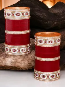LUCKY JEWELLERY Maroon & White CZ Studded Bridal Chura Bangle Set