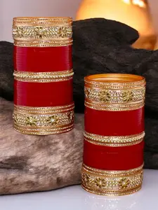LUCKY JEWELLERY Gold-Toned Maroon CZ & Kundan Studded Chura Bangle Set