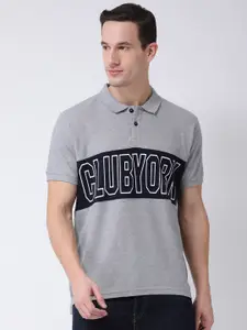 Club York Men Grey Printed Cotton Polo Collar T-shirt