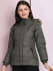 BUY NEW TREND Women Green Geometric Lightweight Longline Quilted Winter Jacket