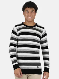 Monte Carlo Men Black & White Striped Colourblocked Pullover with Applique Detail