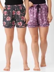 FashionRack Women Grey & Pink 2 Printed Lounge Shorts