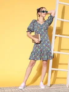 plusS Women Charming Navy Blue Floral New Neckline Dress