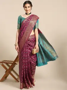 all about you Teal Blue & Purple Silk Blend Saree