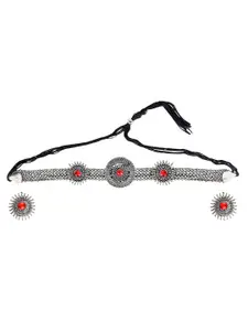 CARDINAL Silver-Toned Red Stone Studded Choker Necklace Set