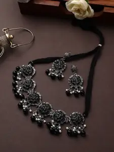 CARDINAL Silver-Plated Oxidised Black Stone Studded Flower Lavish Choker Necklace Set