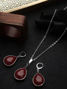 CARDINAL Silver-Toned Maroon Stone Necklace Set