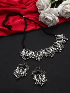 CARDINAL Silver-Toned Oxidised Ganeshji Design Beads Stud Choker Necklace Set