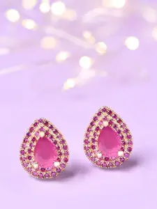 Zaveri Pearls Pink Cubic Zirconia Contemporary Tear Drop Brass Stud Earrings