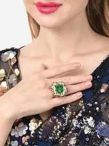 Zaveri Pearls Women Gold-Plated Green & White Beaded & Pearl Studded Finger Ring