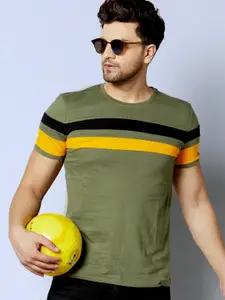 AUSK Men Olive Green & Black Colourblocked Cotton T-shirt