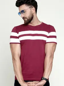 AUSK Men Maroon Striped T-shirt with Mask