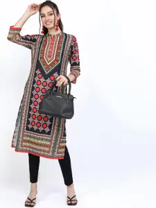 Vishudh Women Black & Orange Geometric Printed Kurta