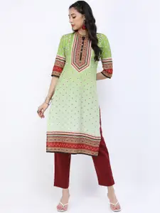 Vishudh Women Lime Green Ethnic Motifs Printed Kurta