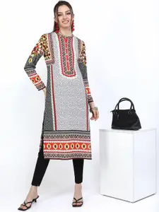 Vishudh Women White & Black Geometric Printed Kurta