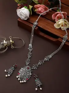 CARDINAL Silver-Toned Oxidised Long Necklace Set