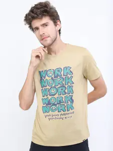 HIGHLANDER Men Beige Typography Printed Raw Edge Slim Fit T-shirt