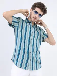 HIGHLANDER Men Blue Slim Fit Striped Casual Shirt