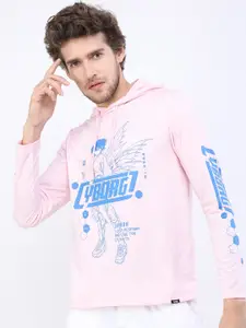 HIGHLANDER Men Pink Typography Hooded Printed Slim Fit T-shirt