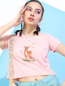 Tokyo Talkies Women Pink Graphic Printed Slim Fit Crop T-shirt