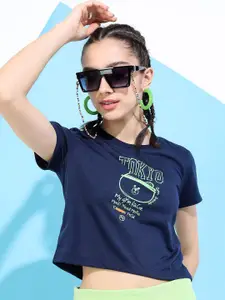 Tokyo Talkies Women Navy Blue Typography Printed Slim Fit T-shirt