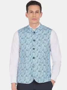 Arrow Men Turquoise Blue Printed Cotton Nehru Jacket