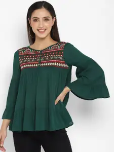 Taurus Women Green Embroidered Crepe Top