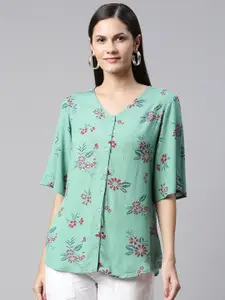 Ayaany Sea Green & Red Floral Print Top