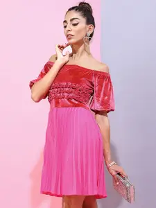 Tokyo Talkies Pink Embellished Off-Shoulder Dress