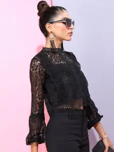 Tokyo Talkies Black Lace High Neck Party Top with Inner