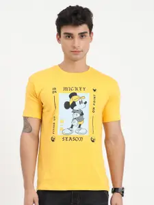 COOFT Men Yellow & Grey Mickey Mouse Printed Pure Cotton T-shirt