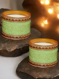 LUCKY JEWELLERY Lime Green & Gold-Toned Kundan Studded Bridal Chura Bangle Set