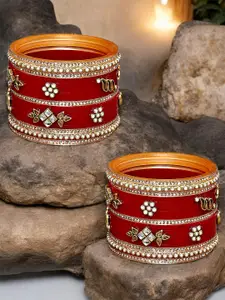 LUCKY JEWELLERY Gold-Toned & Maroon Kundan Beaded Chura Bangle Set