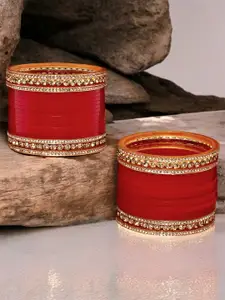 LUCKY JEWELLERY Golden and Red CZ Stone Studded Bangle Set