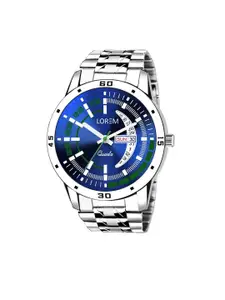LOREM Men Blue Printed Dial & Silver Toned Stainless Steel Bracelet Style Straps Analogue Multi Function Watch