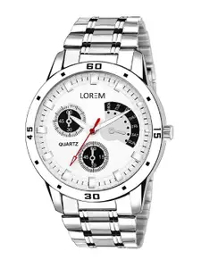 LOREM Men White Dial & Silver Toned Stainless Steel Straps Analogue Watch-LR101-White