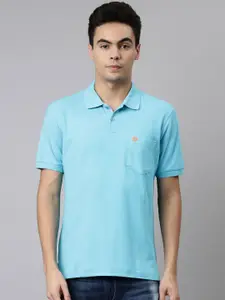 DIXCY SCOTT Men Blue Solid Cotton Polo Collar T-shirt