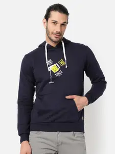 Campus Sutra Men Blue Cotton Printed Hooded Sweatshirt