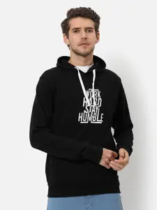 Campus Sutra Men Black Printed Hooded Cotton Sweatshirt
